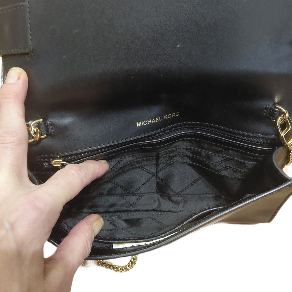 Michael Kors Bellamie COOL Black Leather Crossbody Clutch with Gold Chain - Picture 9 of 15